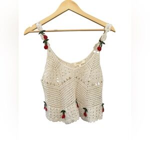Rebellion Cream Crochet Crop Top with Red Cherries. Size Small.